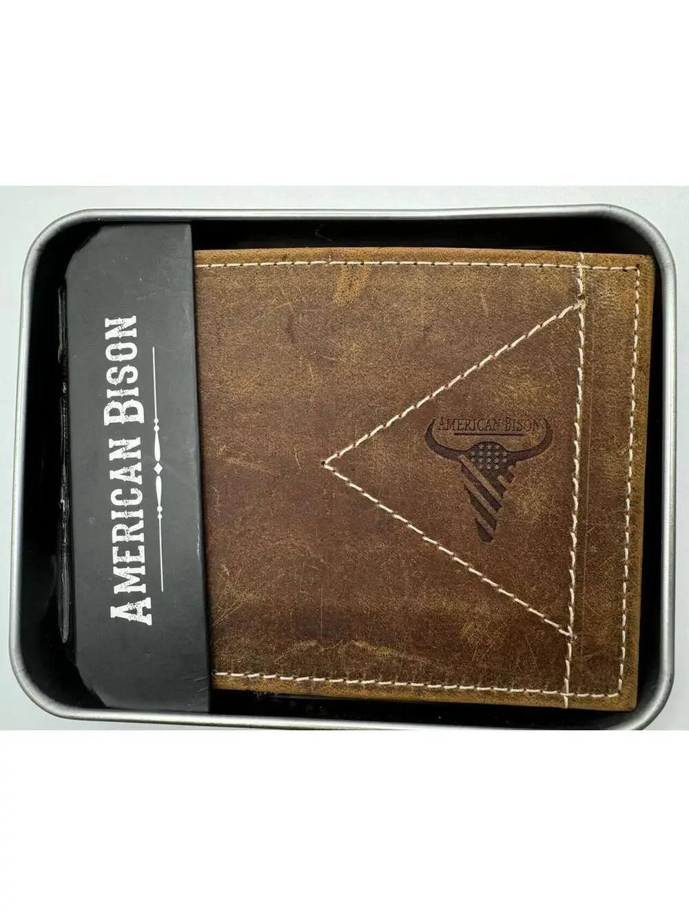 American Bison Brown Leather Bi-Fold Wallet with American Flag Logo